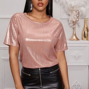 Solid Metallic Round Neck Tee Blouse